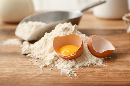 Heap of flour with scoop and cracked egg for preparing dough on kitchen counterの写真素材