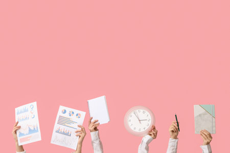 Female hands with diagrams, notebooks and clock on pink background. Time management concept