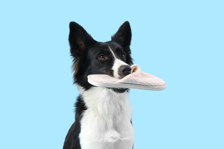 Cute Border Collie dog with slipper on blue background, closeupの写真素材