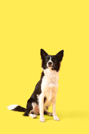 Cute Border Collie dog on yellow backgroundの写真素材