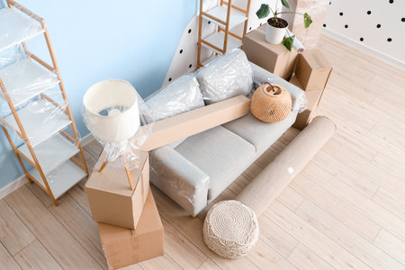 Gray sofa with moving boxes in living roomの写真素材