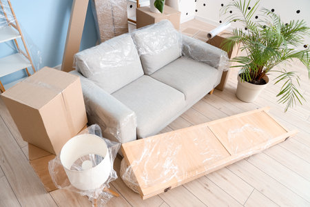 Moving boxes with stretch wrap and furniture in living roomの写真素材