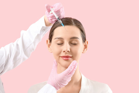 Young girl receiving filler injection in face against pink backgroundの写真素材