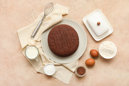 Composition with sponge cake layers, ingredients and whiskey on color backgroundの写真素材