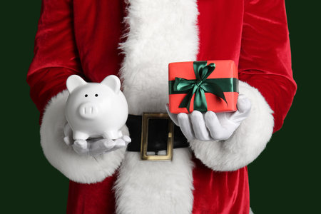 Santa Claus holding piggy bank and Christmas gift on green background, closeupの写真素材