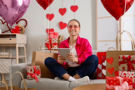 Young woman with tablet computer shopping online at home on Valentine's Dayの写真素材
