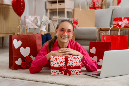 Young woman with gift and laptop shopping online at home on Valentine's Dayの写真素材