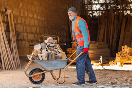 Mature male carpenter with wooden bars in trolley at sawmillの写真素材