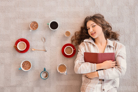 Beautiful young happy woman with book and clock made of coffee cups lying on floor at homeの写真素材