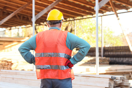 Mature male carpenter in uniform at sawmill, back viewの写真素材