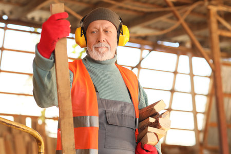 Mature male carpenter with wooden planks at sawmill