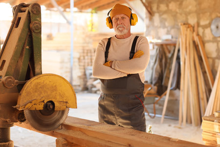 Mature male carpenter near sawing machine at sawmill