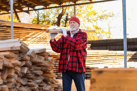 Mature male carpenter carrying wooden planks at sawmillの写真素材