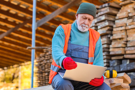 Mature male carpenter with laptop sitting at sawmillの写真素材