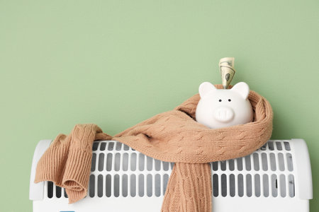 Piggy bank with warm scarf and money on convector heater against green background. Heating saving conceptの写真素材