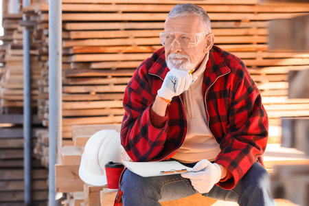 Mature male carpenter with clipboard and cup of coffee sitting at sawmillの写真素材