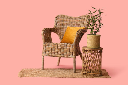 Table with bamboo stems, wicker armchair and rug on pink backgroundの写真素材