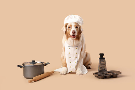 Cute Australian Shepherd dog in chef's uniform with cooking utensils on beige backgroundの写真素材