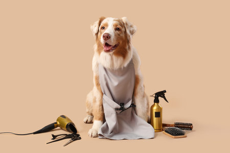 Cute Australian Shepherd dog with hairdresser's tools on beige backgroundの写真素材