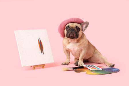 Cute French bulldog in beret with artist's supplies on pink backgroundの写真素材