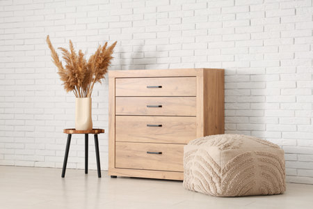 Interior of living room with commode, pouf and pampas grass in vaseの写真素材