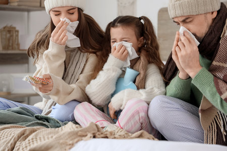 Sick family with lack of heating sneezing in bedroomの写真素材