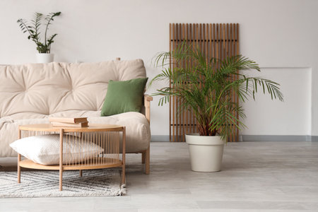 Interior of living room with beige sofa, coffee table and palm treeの写真素材