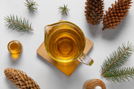 Composition with essential oil, fir branches and cones on gray backgroundの写真素材
