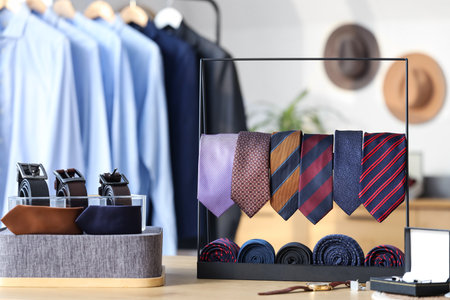 Stand with men's neckties on table in boutiqueの写真素材