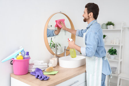 Handsome man cleaning mirror in bathroomの写真素材