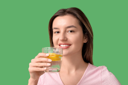 Happy young woman with glass of lemon infused water on green background