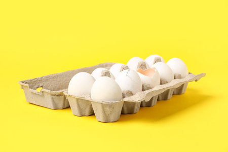 Cardboard holder with raw chicken eggs on yellow background