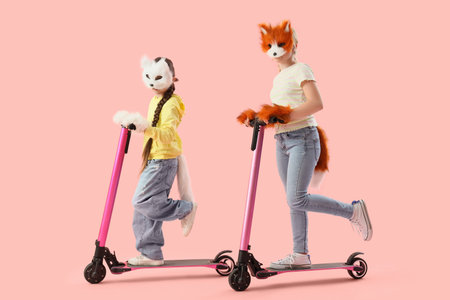 Quadrober girls riding kicks scooters on pink background