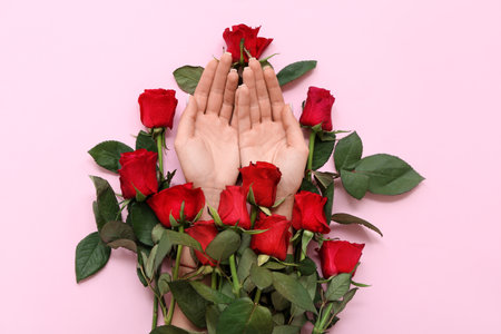 Female hands with beautiful red roses on pink background. Valentine's day celebrationの写真素材