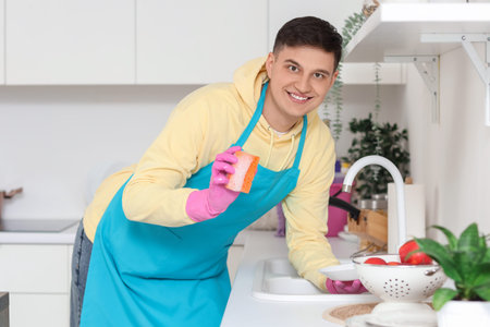 Young man washing dishes in kitchenの写真素材
