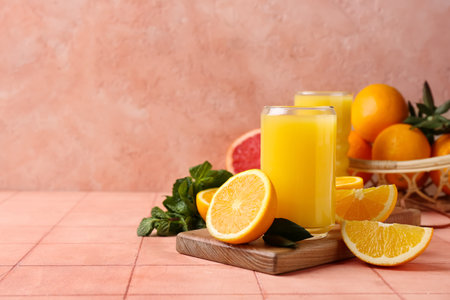 Wooden board with glass of tasty juice, oranges and leaves on beige tile tableの写真素材
