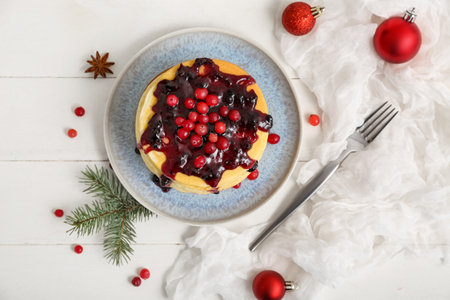 Plate of sweet pancakes with jam, fir branch and Christmas balls on white wooden backgroundの写真素材