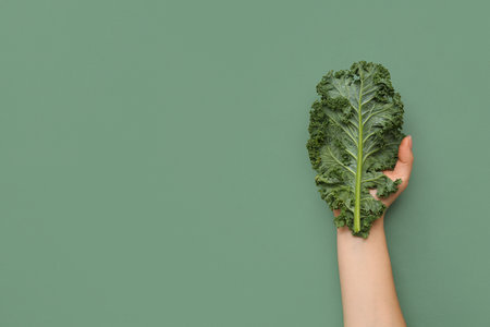 Female hand with fresh leaf of kale cabbage on green backgroundの写真素材