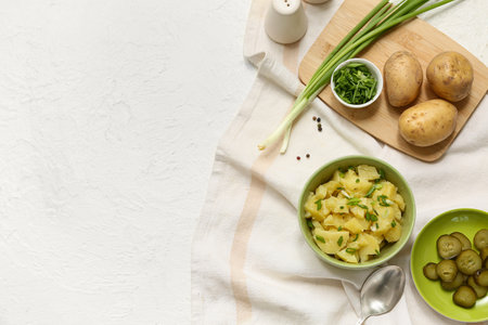 Bowl of tasty potato salad with green onion and pickled cucumber slices on light grunge backgroundの写真素材