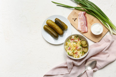 Bowl of tasty potato salad with bacon, green onion, sour cream and pickled cucumbers on white backgroundの写真素材