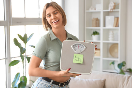 Young woman holding weight scales with text KETO DIET at homeの写真素材