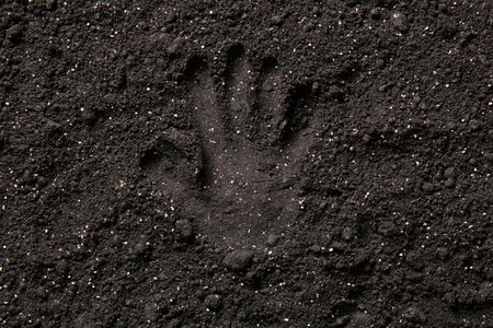 Palm print on black soilの写真素材
