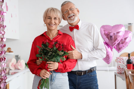 Happy mature couple with bouquet of roses and balloons in kitchen at home. Valentine's Day celebrationの写真素材