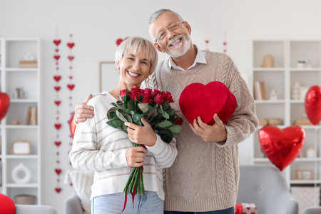 Happy mature couple with bouquet of roses and gift box at home. Valentine's Day celebrationの写真素材