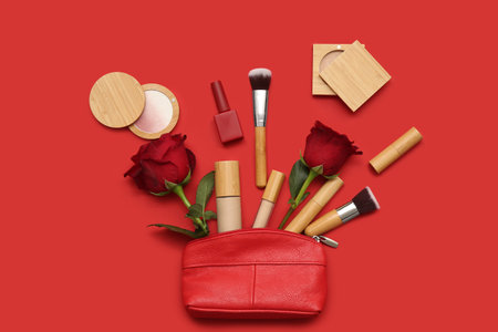 Cosmetic bag with makeup products and beautiful roses on red background. Valentine's day celebrationの写真素材