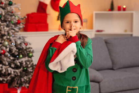 Cute little girl in elf costume with Santa Claus gift bag showing silence gesture at home. Christmas celebrationの写真素材