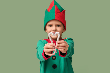 Cute little girl in elf costume with candy canes on green background. Christmas celebration