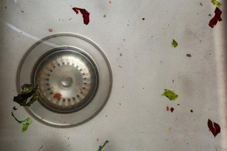 Clogged metallic kitchen sink with water and food leftovers, closeup
