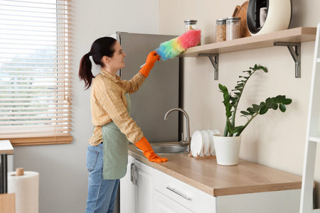 Young woman with pp-duster cleaning shelf in kitchen