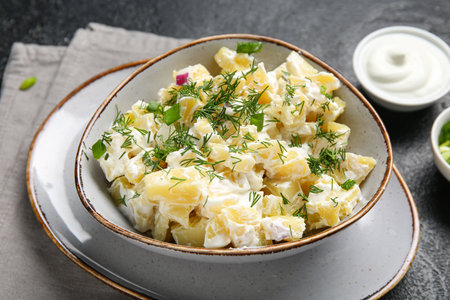Bowl of tasty potato salad with sauce and dill on black backgroundの写真素材